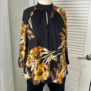 Est. 1946 Floral Blouse 18/20W Black Mustard Mock Neck Keyhole Top